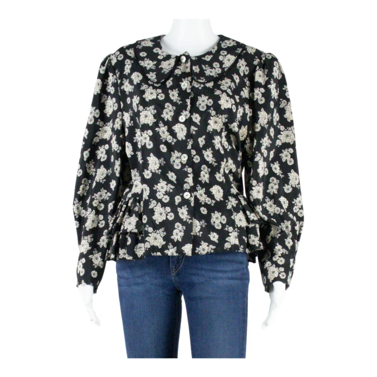 Womens Smock Blouse Black Long Sleeve Floral S