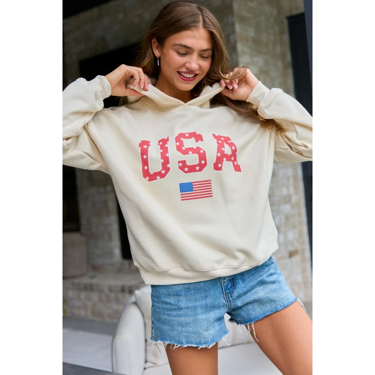 Athletic USA Flag Star Print Cream Graphic Hoodie