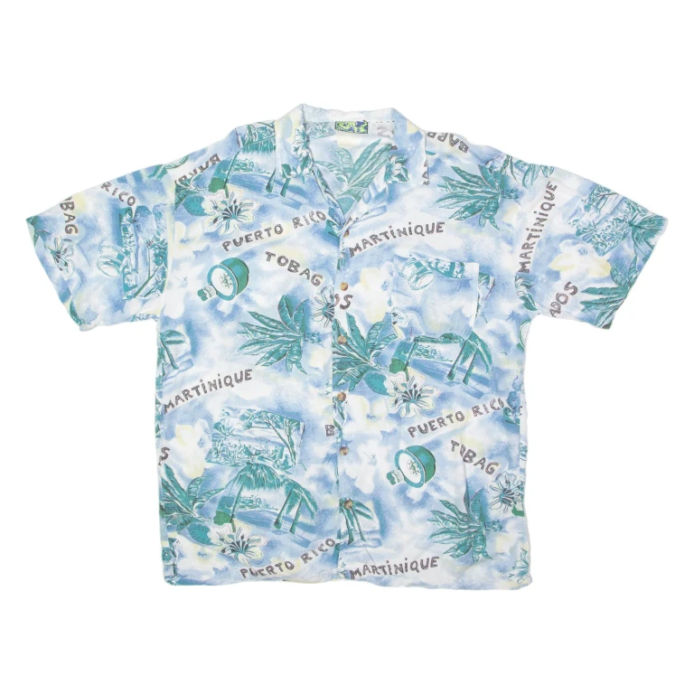 CAP FERRET SPORTSWEAR Caribbean Island Mens Hawaiian Shirt Blue Viscose 90s Floral XL