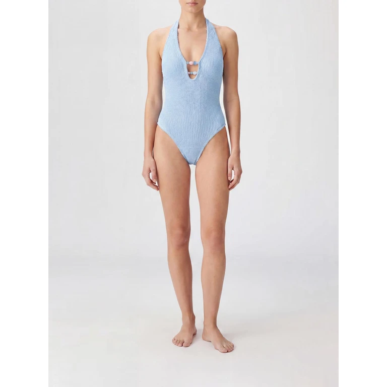 HUNZA G V-Neck Crinkle One-Piece Swimsuit with Beaded Embellishments (ADRIANABEADEDSWIMMETALLICICEBLUE)