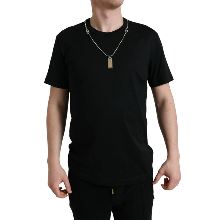 Black Cotton Dog Tag Round Neck T-Shirt - Men