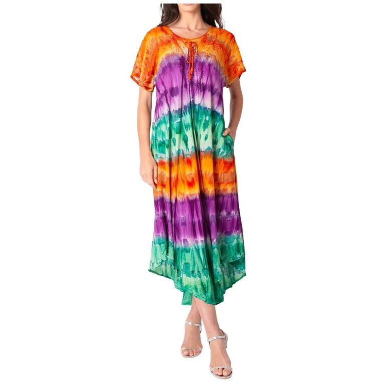 Sakkas Sula Long Laced Tie-Dye Wide Neck Embroidered Boho Sundress Cover Up