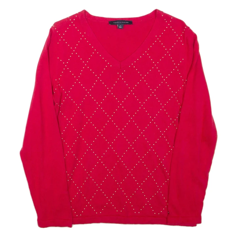 TOMMY HILFIGER Womens Jumper Red V-Neck Tight Knit M