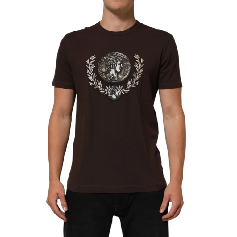 Dolce & Gabbana Brown Coin Laurel Print Men Crew Neck T-Shirt Cotton - Men