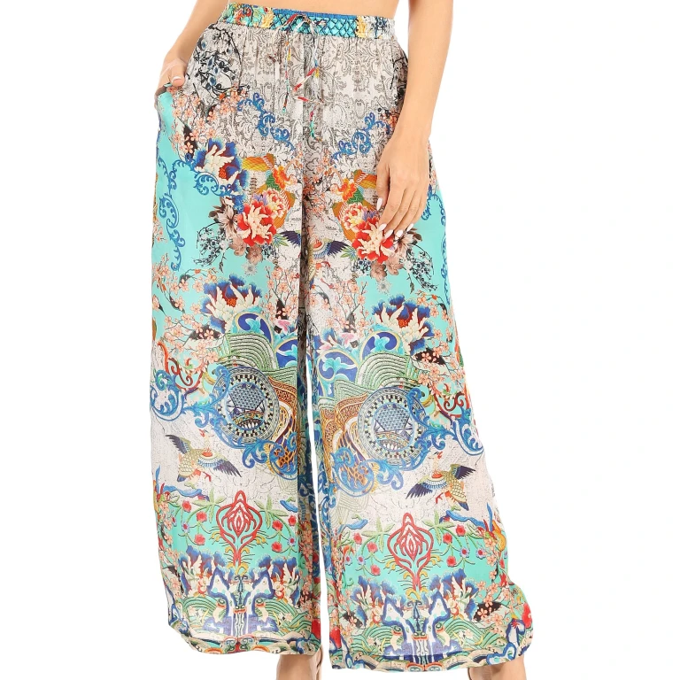 Sakkas Anie Women's Boho Casual Flowy Flare Palazzo Wide Leg Pants Floral Print