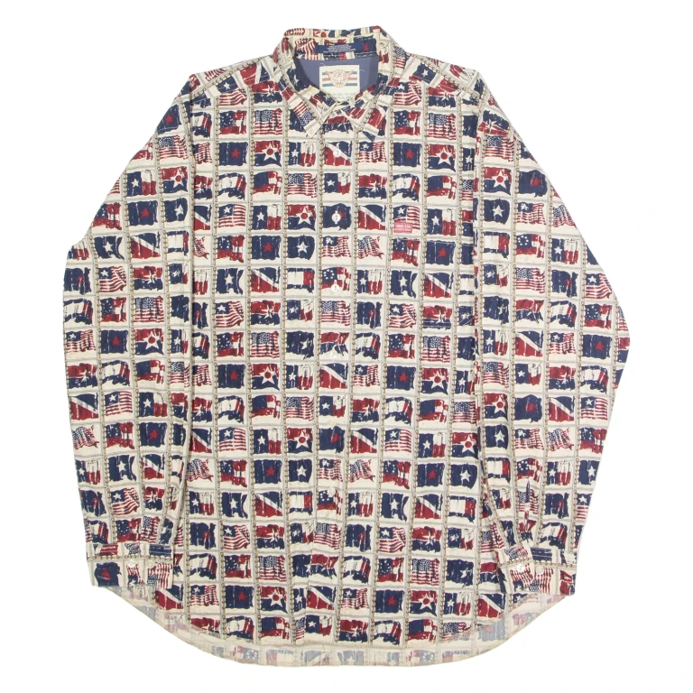TOMMY JEANS USA Flag Mens Shirt Cream 90s Crazy Pattern Long Sleeve L