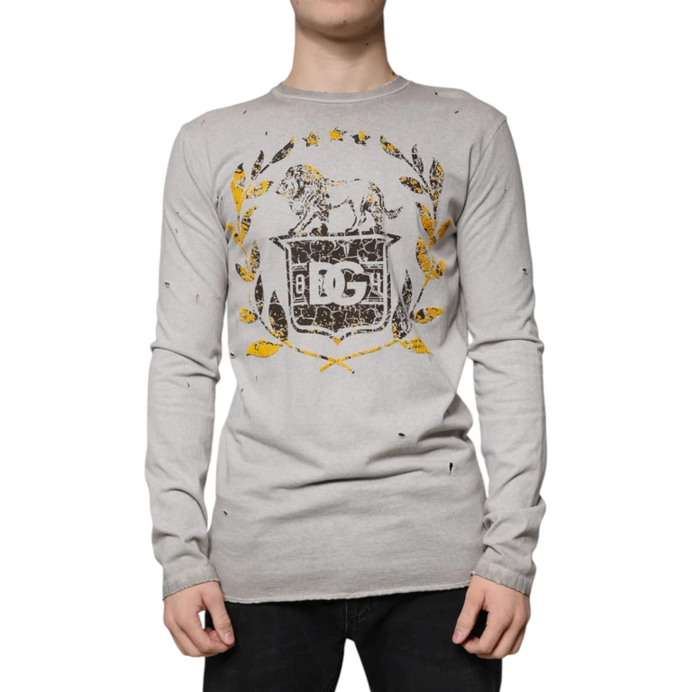 Dolce & Gabbana Gray Printed Cotton Crewneck Pullover Sweater Clothing - Men