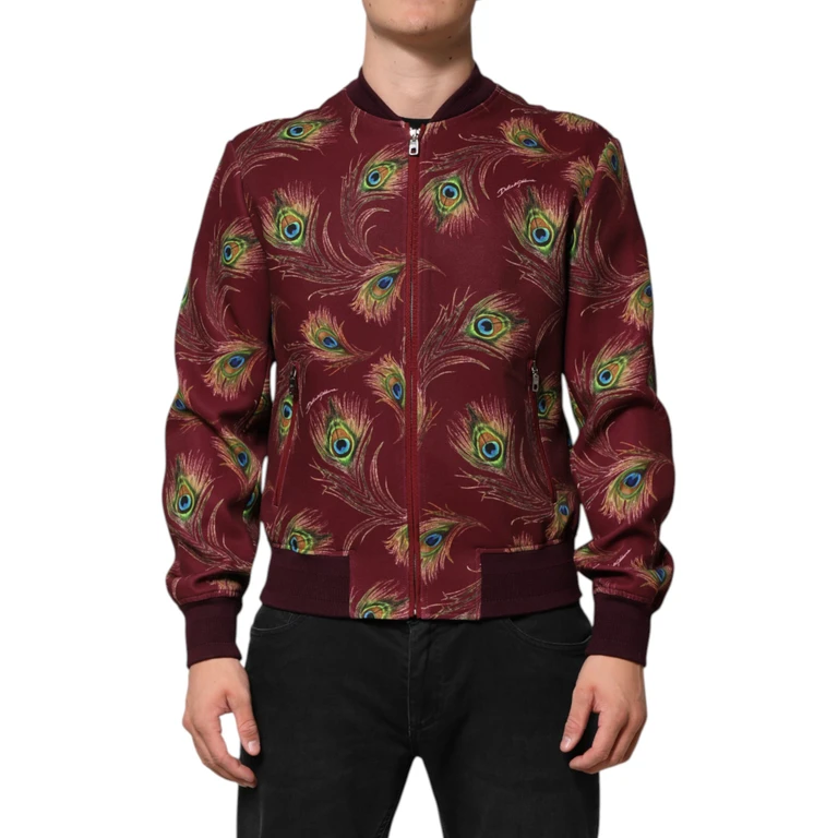 Dolce & Gabbana Maroon Peacock Feather Print Bomber Jacket Polyester Elastane Clothing - Men
