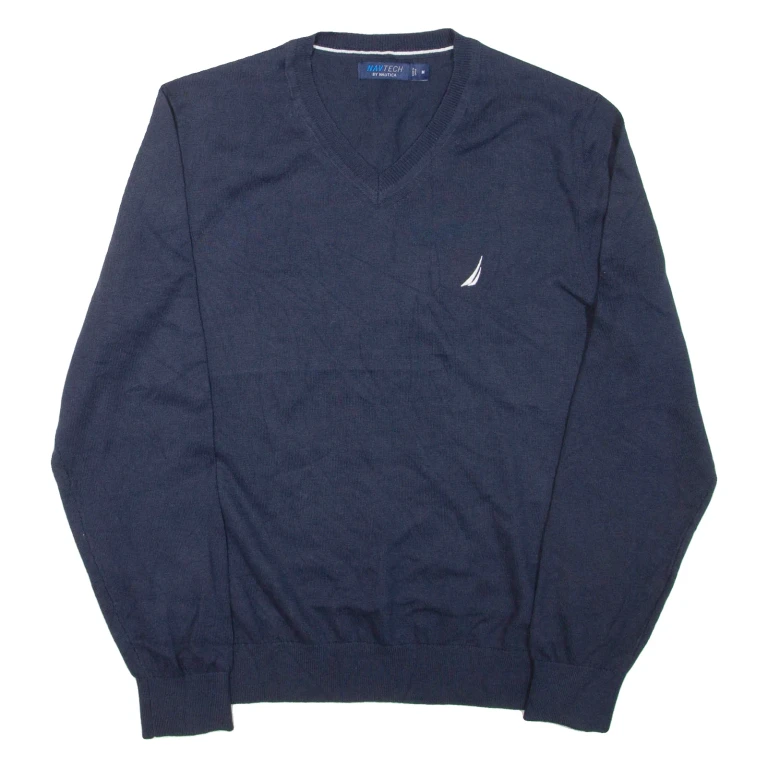 NAUTICA Navtech Mens Jumper Blue V-Neck Tight Knit M