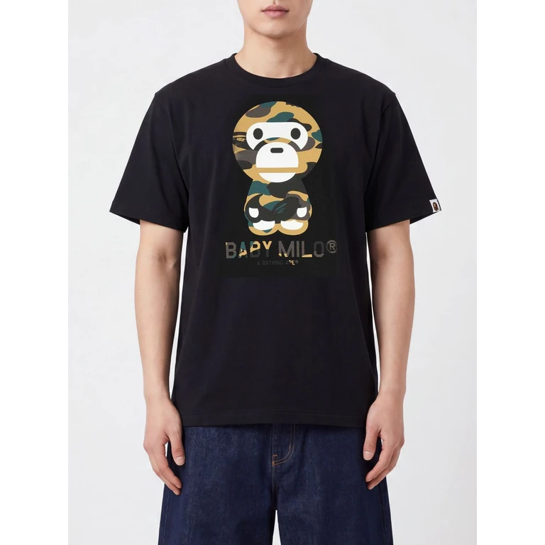 Cotton T-Shirt with Front Graphic Logo Print (002TEM301006MBLACKXYELLOW)