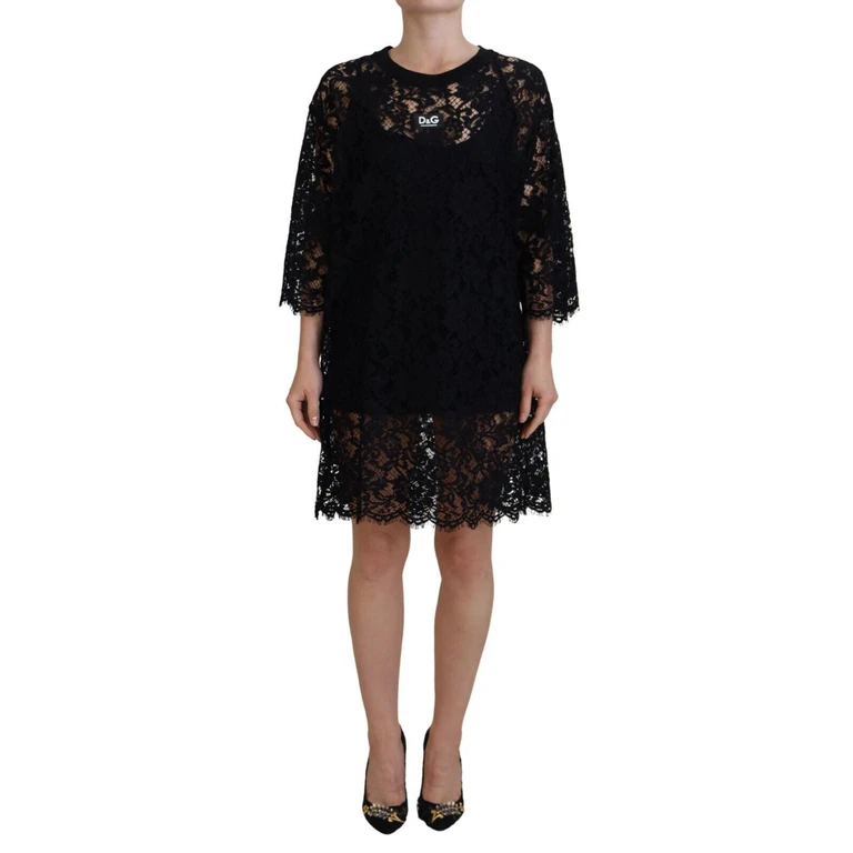 Dolce & Gabbana Black Floral Lace Cotton Shift Mini Dress - Women