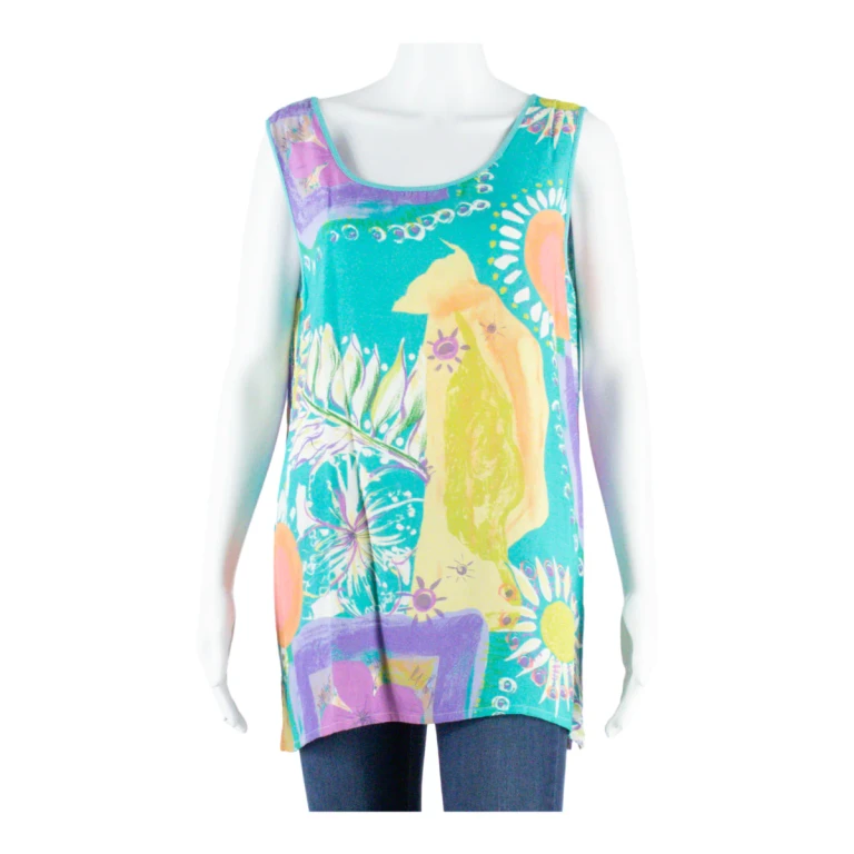 DIVINA Womens Vest Blue Sleeveless Viscose Crazy Pattern M