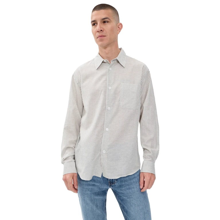 FRAME Linen Blend Stripe Button Down Shirt Khaki Ecru Stripe XL