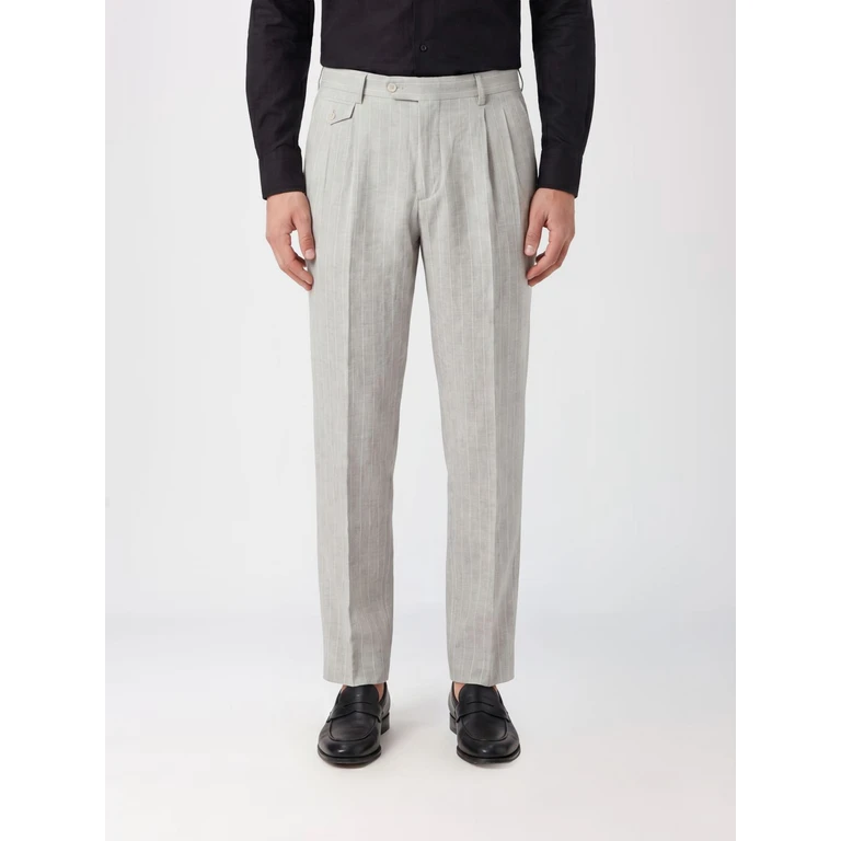 Tapered Pinstripe Tailored Linen Trousers with Pleats (GY6UETFR4BPS8051)