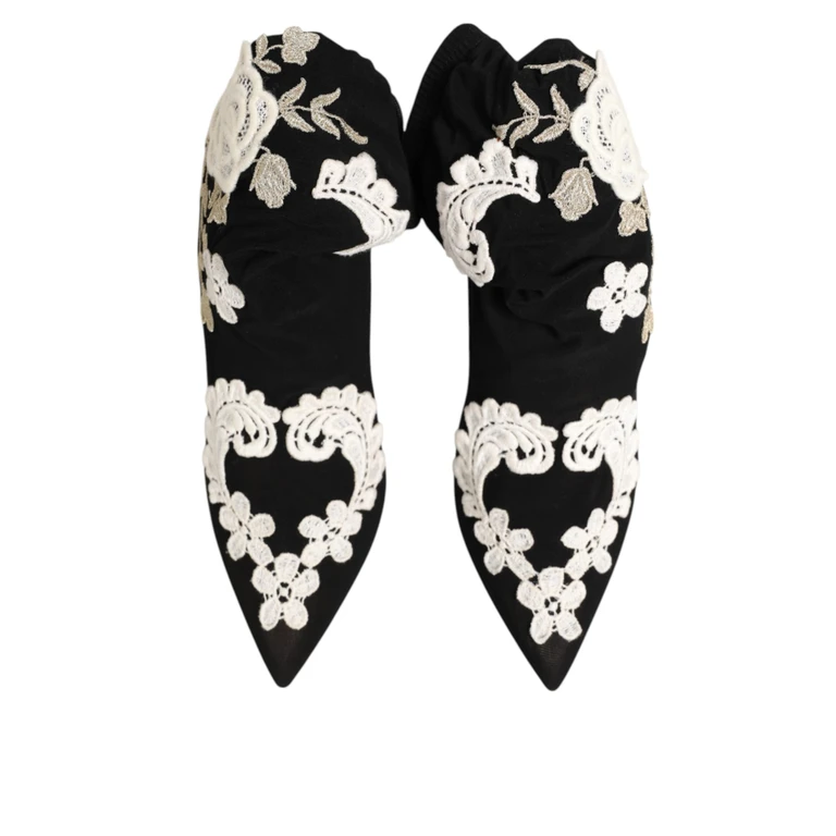 Dolce & Gabbana Black White Embroidered Jersey Stiletto Boots Shoes Black/white Viscose Elastane - Women