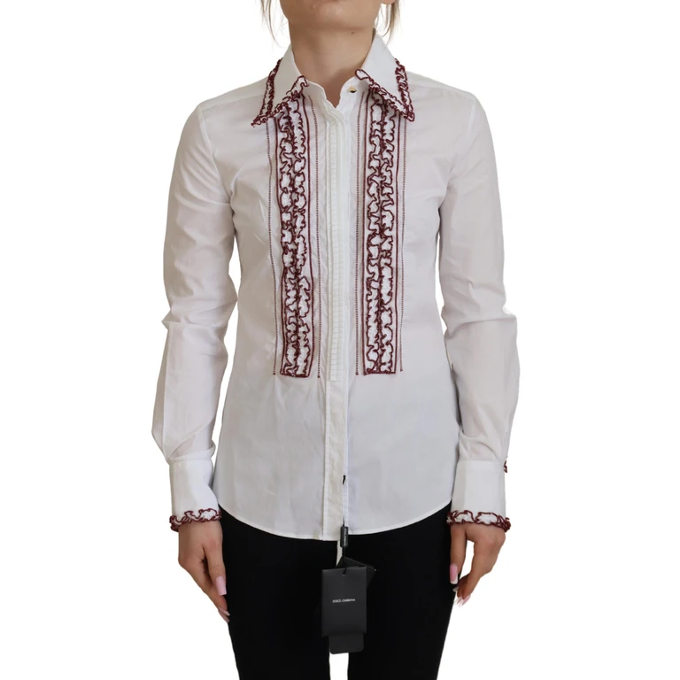 Dolce & Gabbana White Lace Long Sleeves Ruffle Collar Top Cotton Elastane - Women
