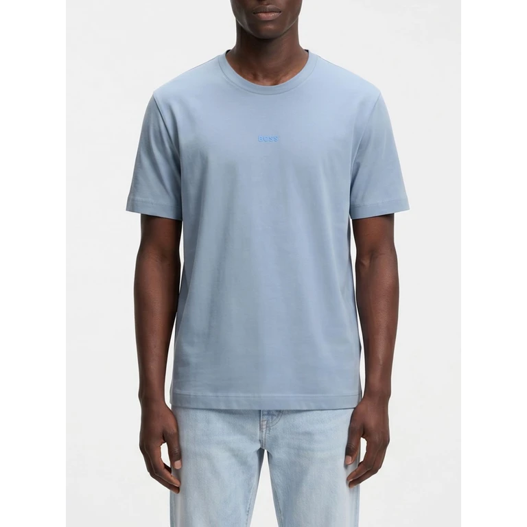 Crew Neck Stretch-Cotton T-shirt with Contrast Chest Logo (50473278458)