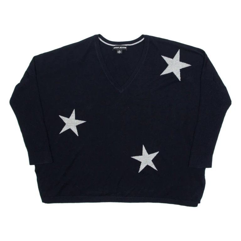 DKNY Star Womens Patterned Jumper Blue V-Neck Tight Knit L