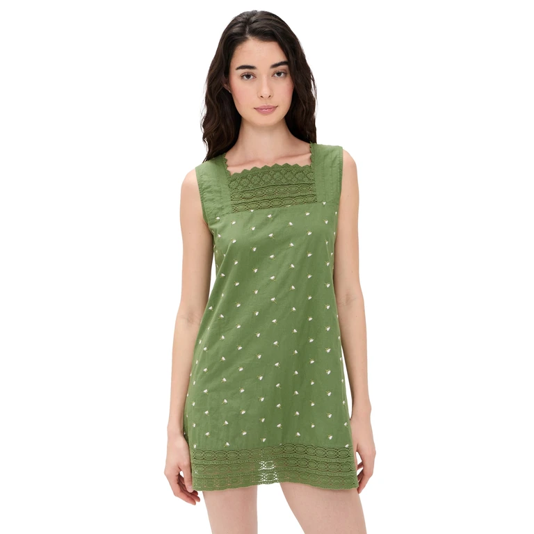 La Maregold Daisy Dress Solid Green w/ Pink Floral L