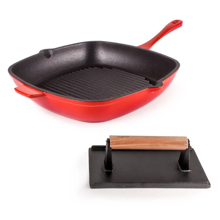 Neo 2pc Cast Iron 11" Grill Pan with Steak Press, Red