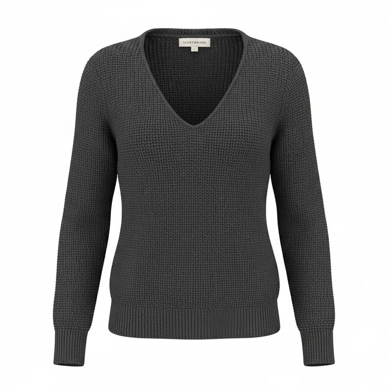 [7wp5056-001] Womens Lucky Brand Spring Weight V Neck Pullover - Black Combo