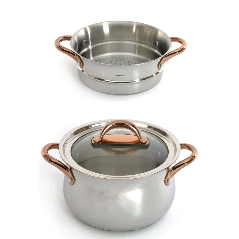 Ouro Gold 3pc 18/10 Stainless Steel Steamer Set, Glass Lid, Rose Gold Handles