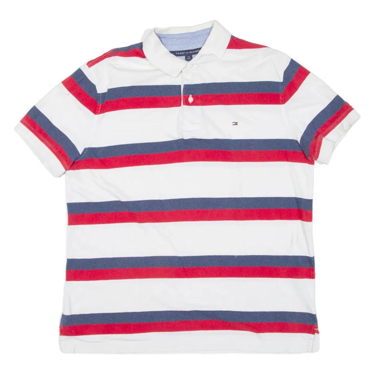 TOMMY HILFIGER Mens Polo Shirt White Striped L