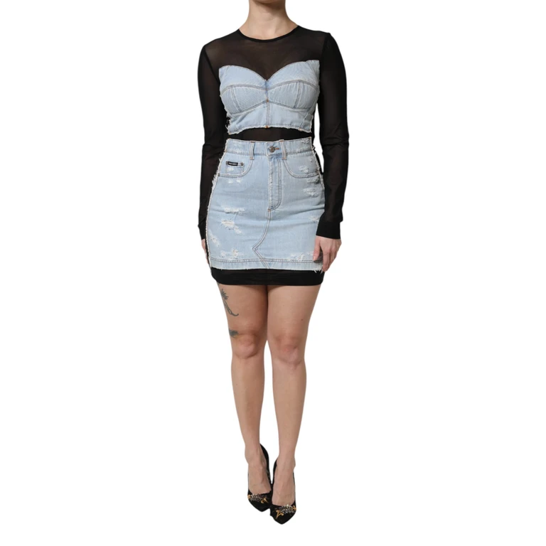 Dolce & Gabbana Black Blue Long Sleeves Denim Mini Dress And Nylon Cotton Elastane - Women