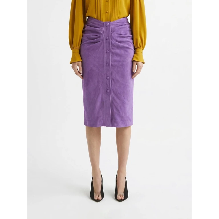 High-Waisted Ruched Suede Midi Pencil Skirt (8B0NI08AA6Q05K)