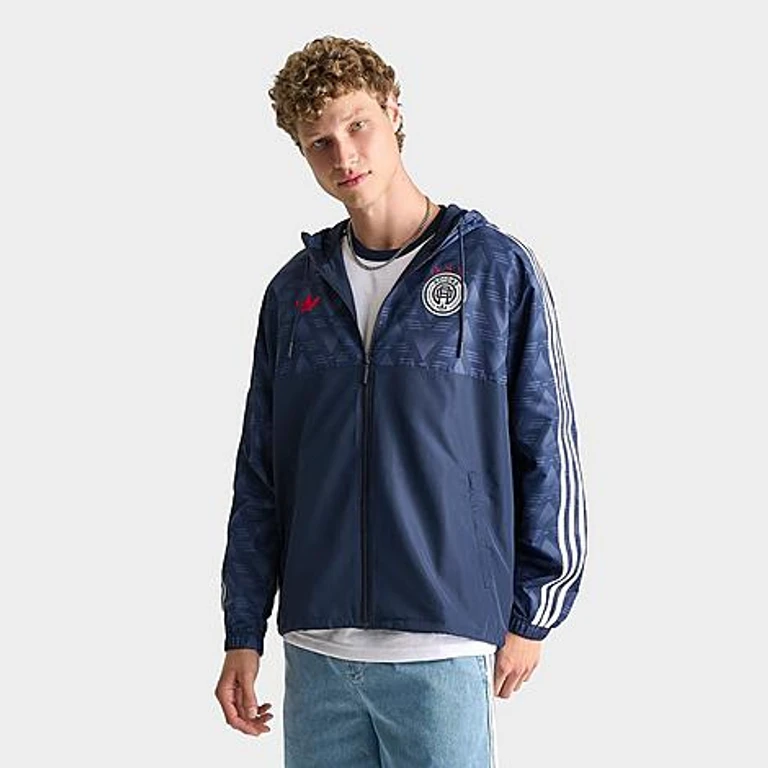 adidas Men's Originals Jacquard Print Soccer Lifestyle Windbreaker Jacket in Collegiate Navy Size: Small