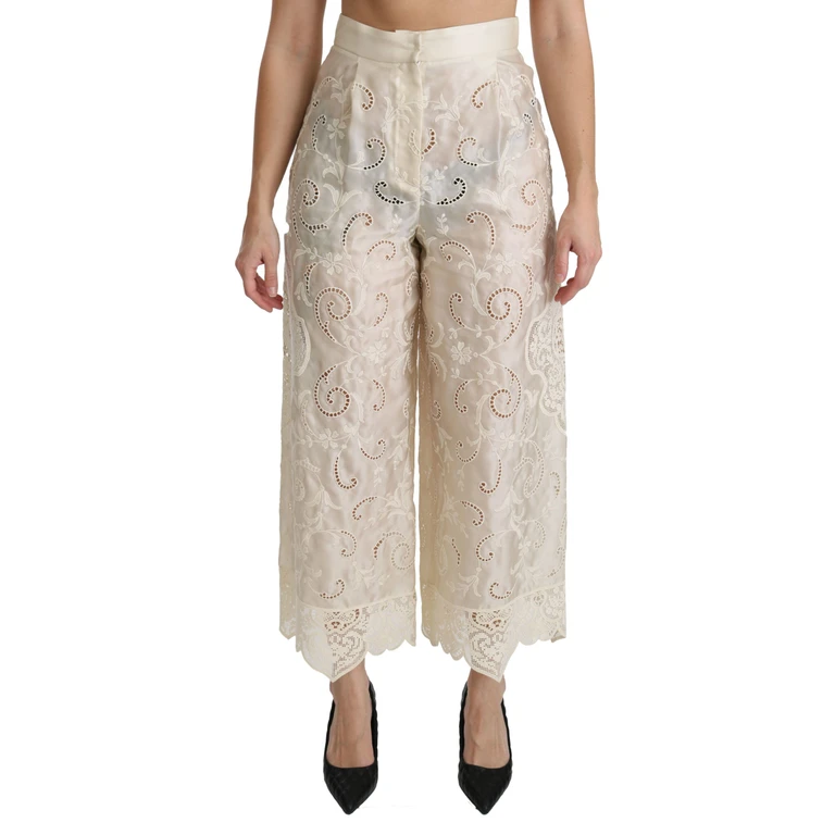 Dolce & Gabbana Cream Lace High Waist Palazzo Cropped Pants Silk Cotton Polyester - Women