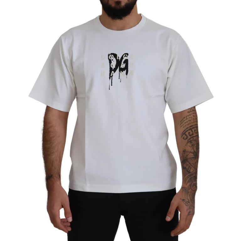 Dolce & Gabbana White Logo Print Cotton Crewneck T-Shirt - Men