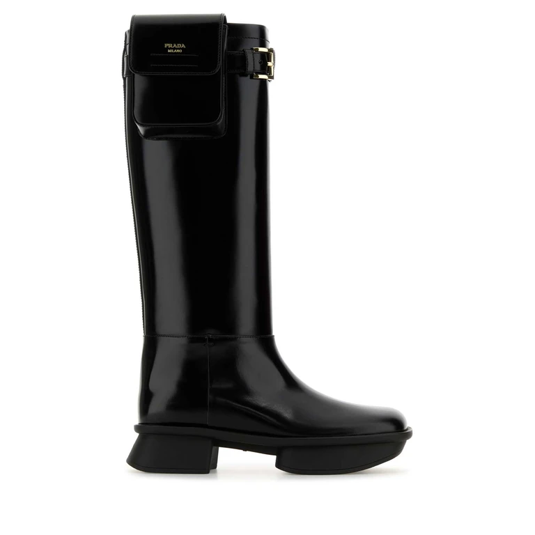 Prada Black Leather Boots Nero Vitello Stivali - Women