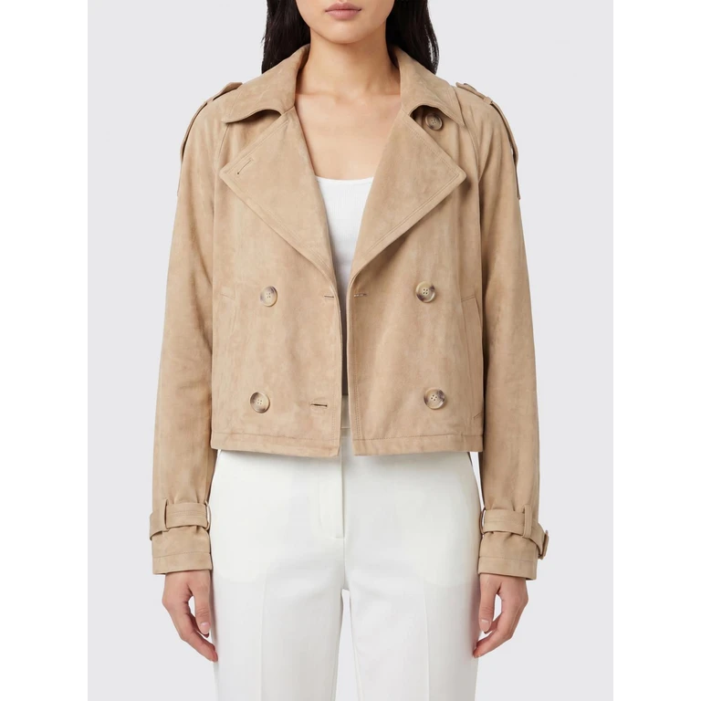Double-Breasted Short Trench Coat in Faux Suede with Waist Belt (BJ19933 098BISCUIT)