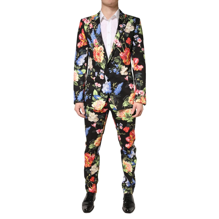 Dolce & Gabbana Black Floral Single Breasted Martini 2 Piece Suit Cotton - Men