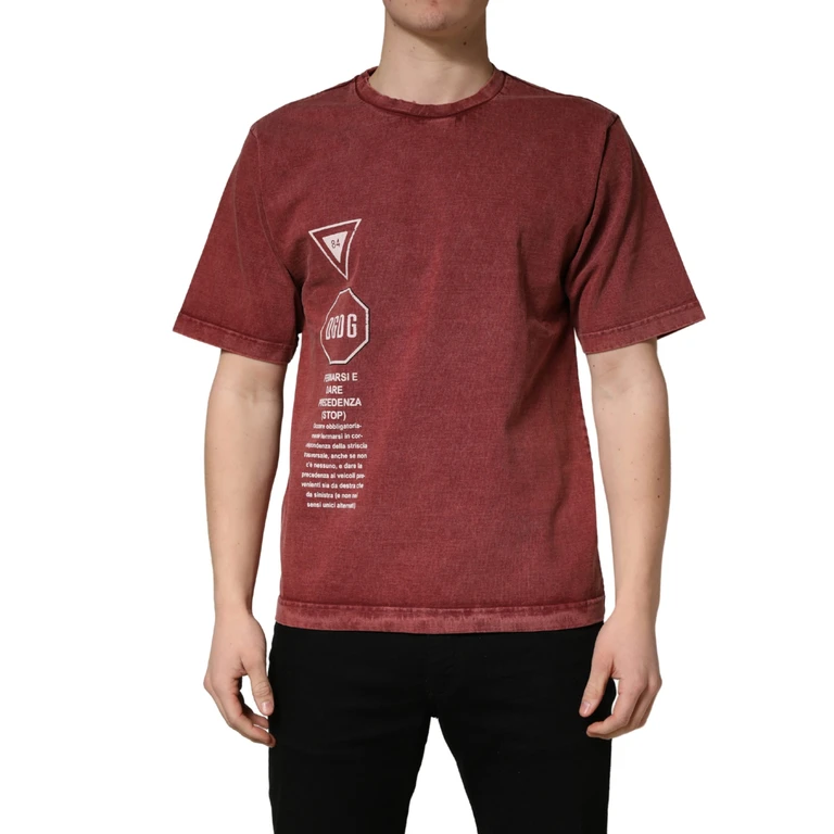 Dolce & Gabbana Maroon Print Round Neck Short Sleeve T-Shirt Cotton - Men