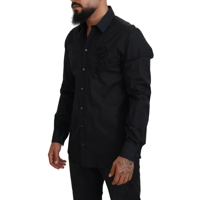 Dolce & Gabbana Black Roses Slim Fit Cotton Shirt - Men