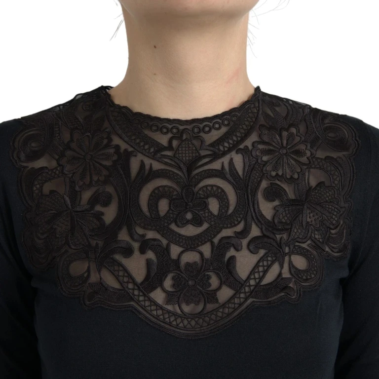 Dolce & Gabbana Black Silk Lace Trim Long Sleeves Blouse Top - Women
