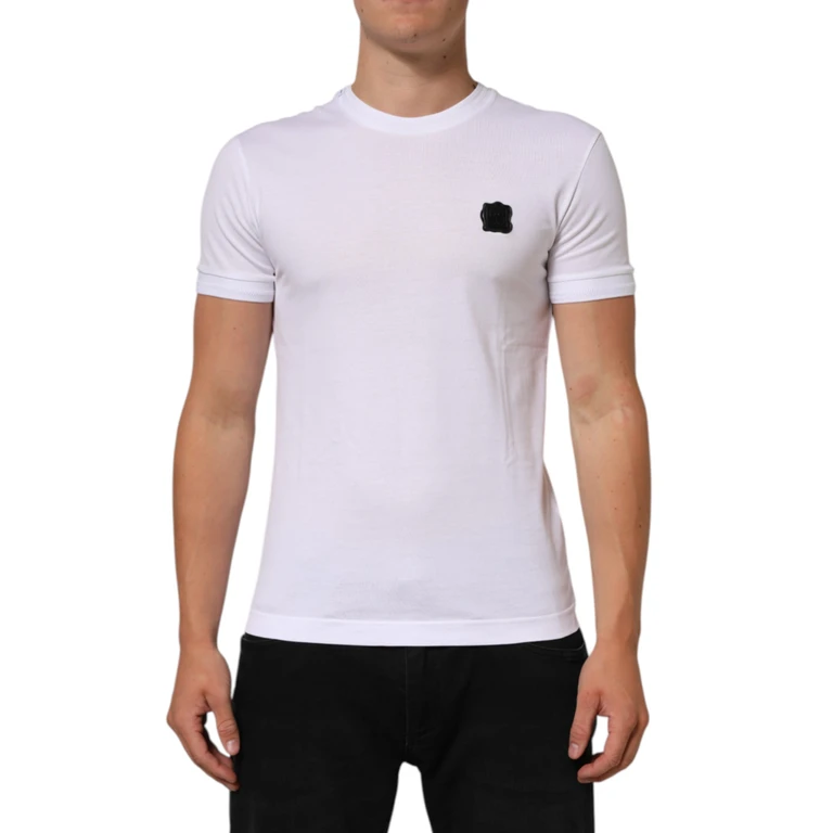 White Logo Patch Cotton Crew Neck T-Shirt - Men