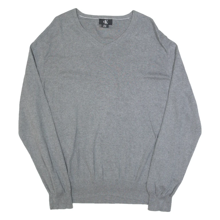 CALVIN KLEIN Mens Jumper Grey V-Neck Tight Knit L