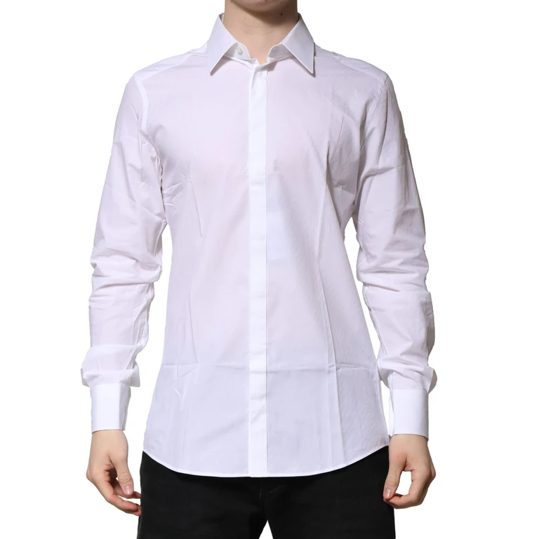 Dolce & Gabbana White Cotton Long Sleeves Gold Formal Shirt - Men