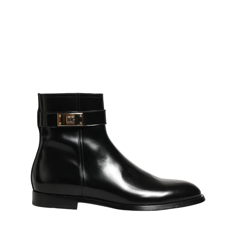 Dolce & Gabbana Black Leather Logo Buckle Mid Calf Boots Shoes - Men