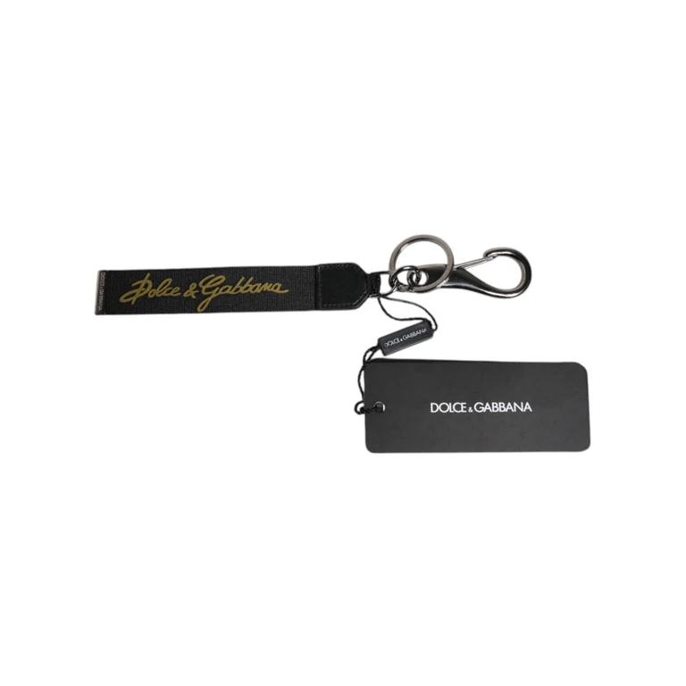 Dolce & Gabbana Black Logo Nylon Silver Brass Men Holder Keychain Keyring Leather Accessory - Men