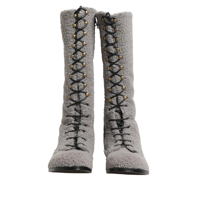 Dolce & Gabbana Gray Shearling Lace Up Knee High Boots Shoes Riccio - Men