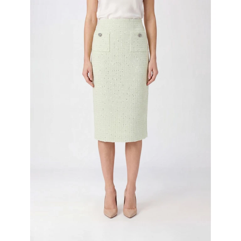 High-Waisted Tweed Midi Pencil Skirt with Sequins (SS26026MSKGGREEN)