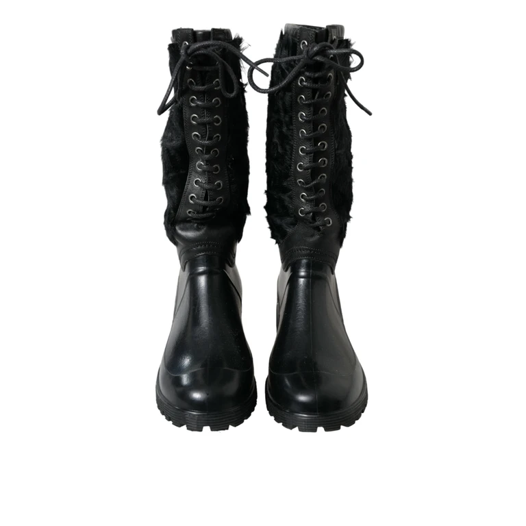 Dolce & Gabbana Black Rubber Lace Up Shearling Rain Boots Shoes - Men
