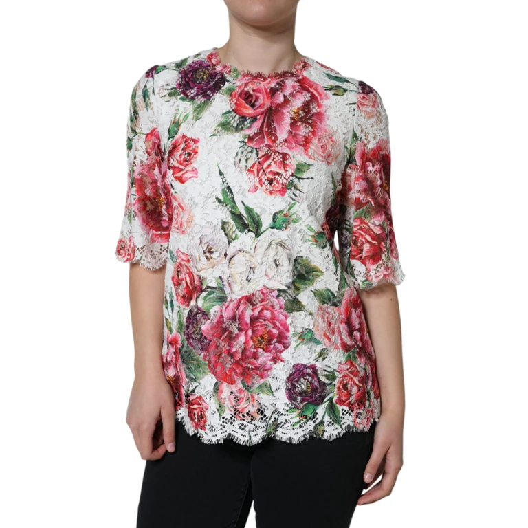 Dolce & Gabbana White Peony Lace Short Sleeves Blouse Top Cotton Nylon Viscose - Women
