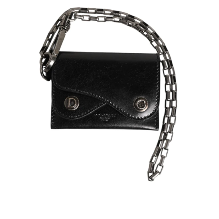 Dolce & Gabbana Black Cavallo Leather Wallet Chain Snap Bifold Card Holder - Men