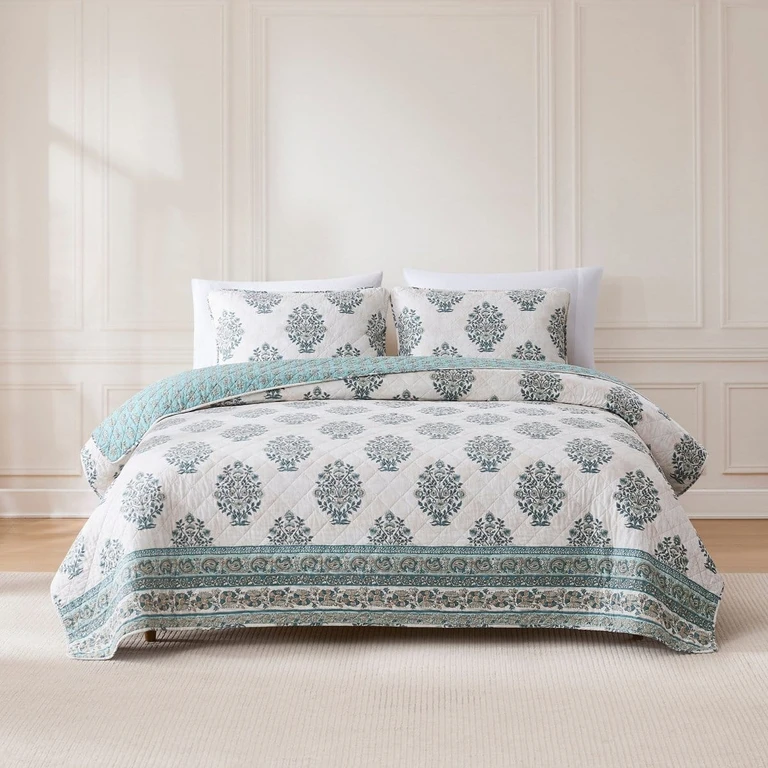 Sofia Flower Block Bouquet Reversible Cotton Quilt 3Pc Set