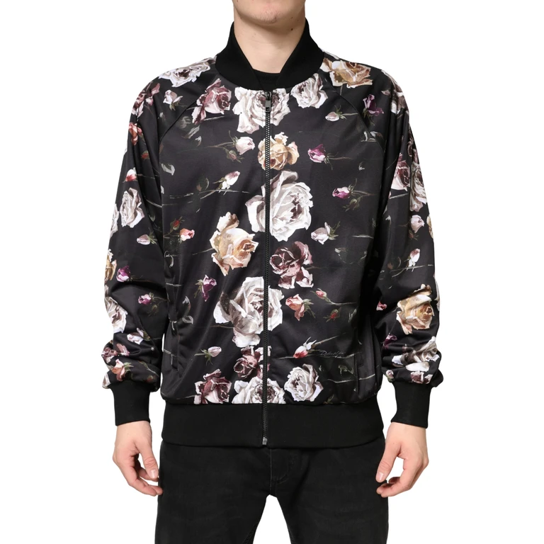 Dolce & Gabbana Black Floral Polyester Full Zip Bomber Jacket Clothing - Men